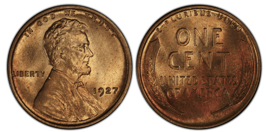 1927 wheat penny grading strip showing four condition tiers from worn Good through Gem MS side by side
