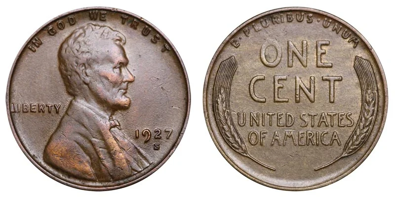 Side-by-side comparison of common 1927 Philadelphia wheat penny versus scarce 1927-S San Francisco wheat penny showing mint mark location
