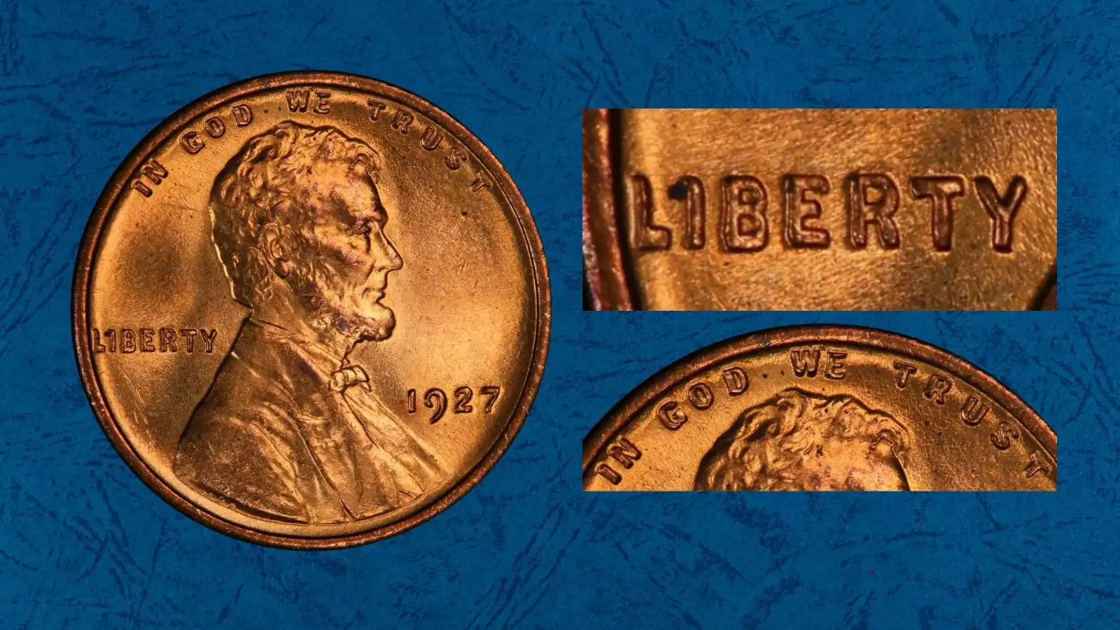 1927 wheat penny Doubled Die Obverse error showing doubling on LIBERTY lettering close-up