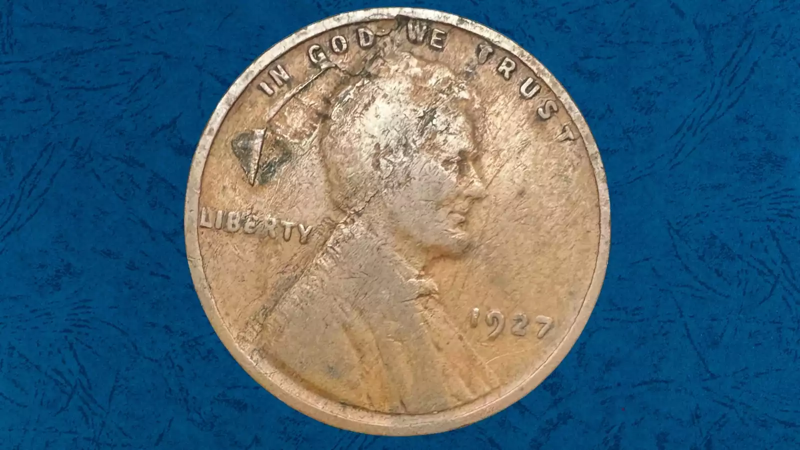1927 wheat penny lamination error showing metal peeling and flaking on coin surface