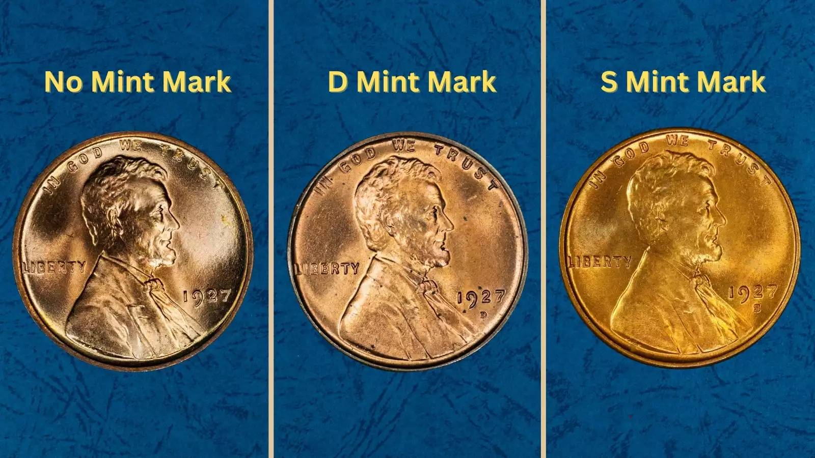 Group of 1927 Lincoln wheat pennies from Philadelphia Denver and San Francisco mints showing all three varieties together